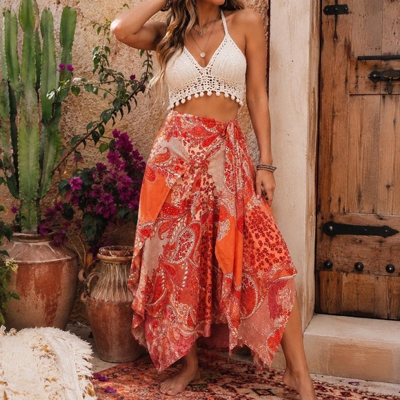 Unbranded Dresses & Skirts - Patrons of Peace Boho Maxi Wrap Skirt L Orange Paisley Patchwork Festival Hippie